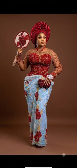 Embellished Red and Light Blue Gown