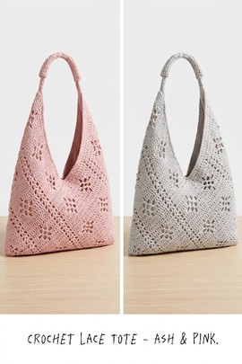 Crochet Lace Tote – Handmade Openwork Shoulder Bag in Ash &amp; Pink
