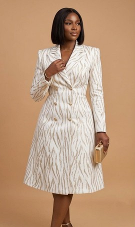 Metallic Gold Zebra Jacquard Double-Breasted Trench Dress