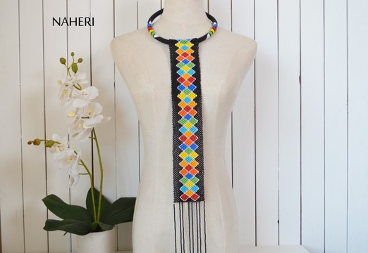 African beaded fringe multi color long necklace