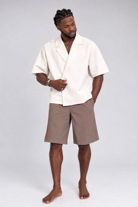 Men’s Cream Short Sleeve Lapel Shirt &amp; Taupe Tailored Shorts Set