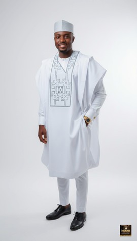 White Agbada set with cap