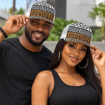 Kuba Print Black Flat-Brim Mesh Cap | African Streetwear Headwear | Bynelo