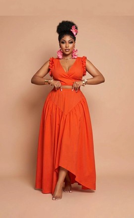 Vibrant Orange Two-Piece Skirt Set – Wrap Crop Top &amp; High-Waist Asymmetrical Maxi Skirt