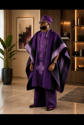 Men's Purple &amp; Black Aso Oke Agbada Set – Embroidered Robe with Beaded Necklace &amp; Cap