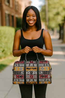 African Travel Bag Leather Mali Mud Cloth Print