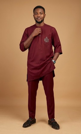 Burgundy Leaf Embroidered Senator Wear – Men's 2-Piece Mid-Sleeve Tunic and  Trouser
