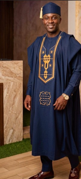 Manuel Fashion Navy Agbada with White Embroidered Panel