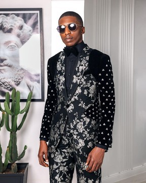 A “Vegas 1”, floral pattern jacquard, shoulder wrap suit
