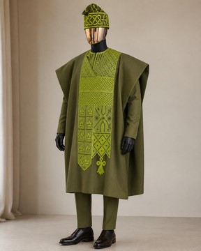 Ensemble Agbada de luxe vert olive pour homme – Tenue traditionnelle nigériane brodée avec bonnet Aso Oke