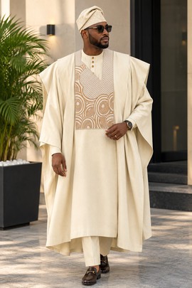 Men's Cream &amp; Gold Agbada Set – Three Piece Embroidered Nigerian Traditional Attire with Cap