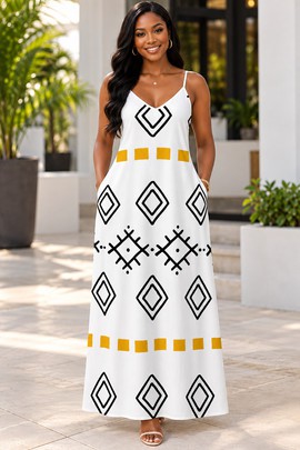 Robe longue élégante à col V pour femme avec Œil de Râ égyptien | Robe longue à imprimé égyptien