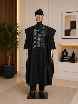 Men's Black Cotton Blend Embroidered Agbada Set