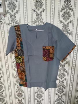 Slate Grey African Fusion Shirt – Modern Cotton Top with Vertical Ankara Accent