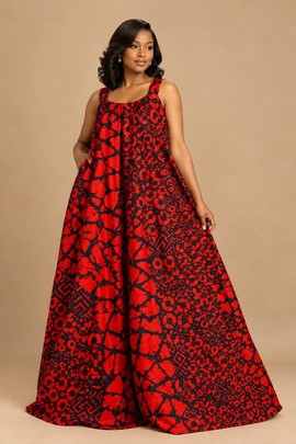 Robe longue fluide sans manches à imprimé africain rouge et noir pour femme – une pièce forte