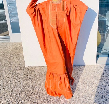 African Boubou dress for women "Diaa" Orange in glazed linen — With headscarf