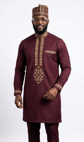 Kaftan pour homme bordeaux brodé