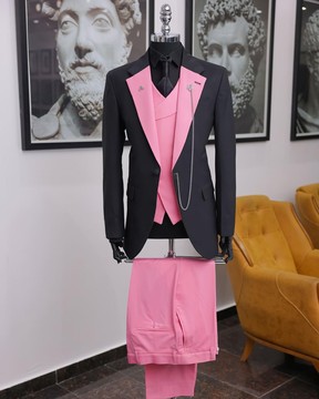 A “contrast” pink &amp; charcoal black suit, slide cut double breasted waist coat bowtie&amp; pant trouser