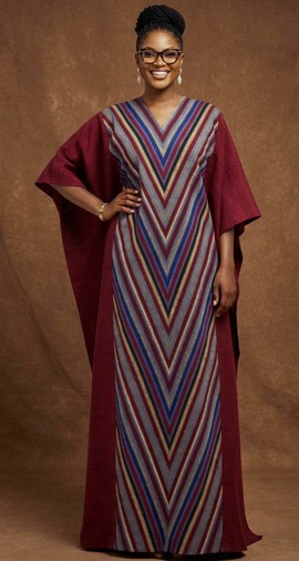 Boubou kaftan pour femme – Panneau à rayures en chevrons bordeaux