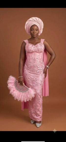Elegant Rose Pink Beaded Lace Gown with Sheer Illusion Corset