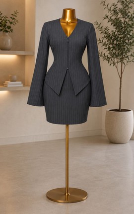 Women's Grey Pinstripe V-Neck Zip-Front Peplum Mini Dress – Fitted Long Sleeve Bodycon Dress