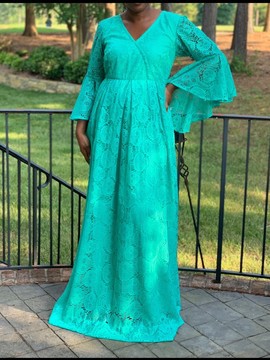 Teal Green Floral Lace Cut Out Ruffle Bell Sleeve Handmade Maxi Dress