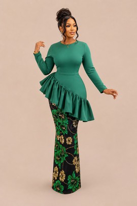 Elegant Green Peplum Top &amp; Floral Ankara Maxi Skirt Set. Long Sleeve African Women’s Outfit