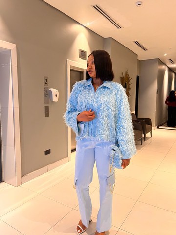 The”Hoddian”  A sky blue hairy crop jacket. Best seller