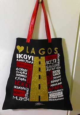 Leather Strap, Sequined Closure Trapezoid Tote Bag LOVE LAGOS