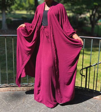 Deep Magenta Two Piece Oversized Crepe Maxi Cardigan Top and Wrap Skirt Set