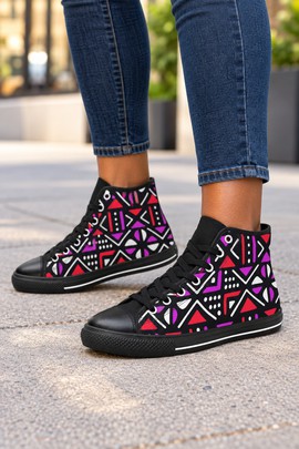 Tribal Bogolan Women's Classic High Top Canvas Shoes Pink | African Mudcloth High Top Sneakers