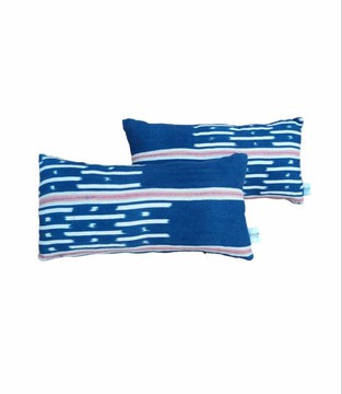 2pcs Navy Blue, Pink and White Handwoven Vintage Baoulé Cloth Small Lumbar Cushion Covers