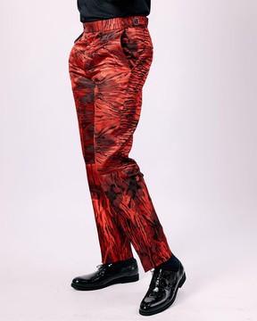 A Mahogamy red “black tears” inverted pattern pant trousers.