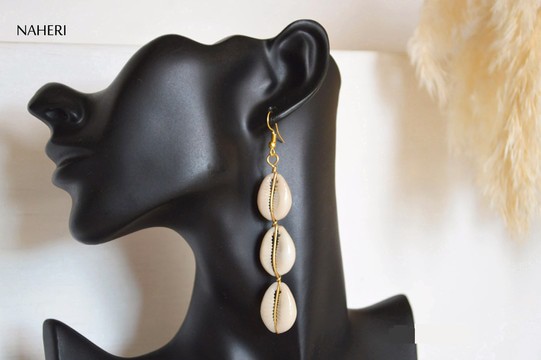 African cowrie shell and brass earrings