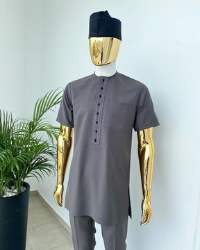 A Space Grey senator Kaftan with a black and grey dotted embroidery design.