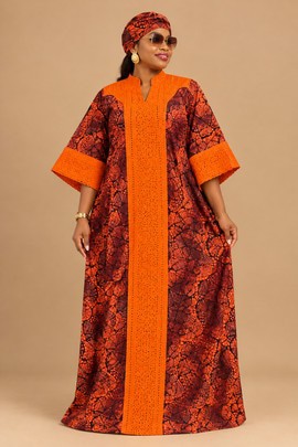 Robe boubou africaine en Ankara pour femme avec dentelle ajourée orange, manches larges et foulard assorti