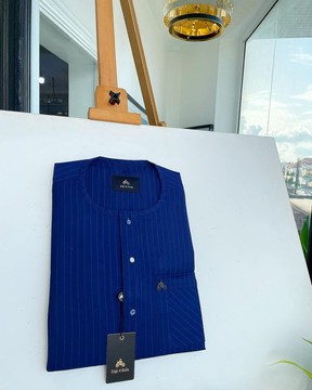A pencil stripe, navy blue &amp; Skye blue, front flap, blue and clear view Swarovski buttons Kaftan