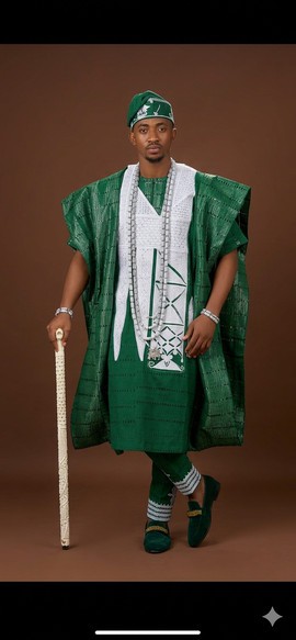 Rich Forest Green Geometric Agbada Ensemble