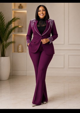Women's Purple Pearl Embellished Blazer &amp; Wide-Leg Pants Set – Beaded Shoulder Pantsuit