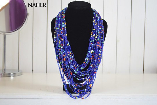 African beaded blue chunky necklace | Multicolored handmade jewelry | Tribal jewellery