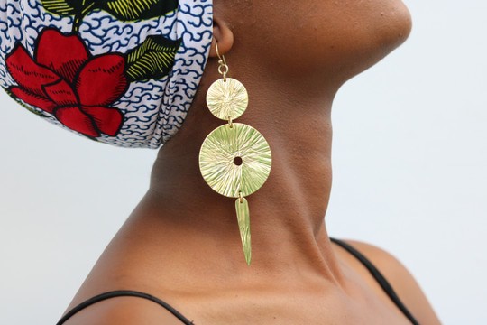 African Brass Disc Earrings Handmade Statement Dangle Earrings for Women