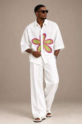 Men’s White 2-Piece Linen-Style Shirt &amp; Wide-Leg Trousers Set with Floral Print