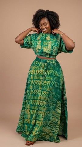 Green Adire Print Crop Top and Maxi Skirt Set