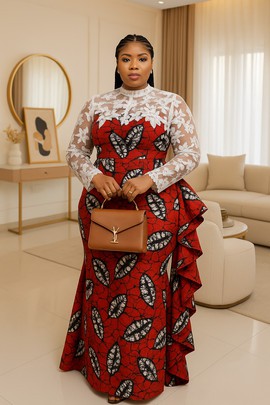 Red Ankara Elegance Gown with White Floral Lace Bodice