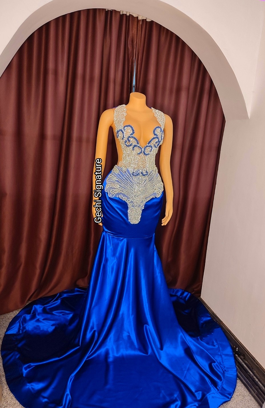 green emerald velvet dress Royal Blue Gold Beaded Side Slit Mermaid Long Evening Prom Dresses, 17 –  SposaDresses main image 1