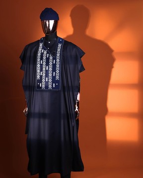 A midnight blue, shattered interwoven embrodery with Swarovski stones details agbada
