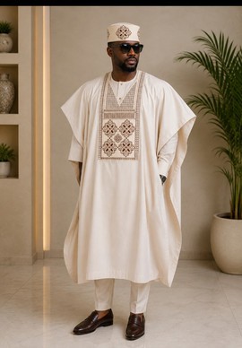 Men's Cream Agbada Set – Senator Material Traditional Outfit with Floral Embroidery &amp; Cap