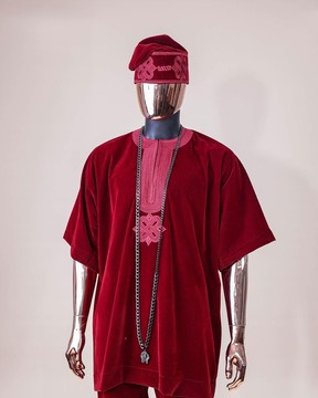 A dark cherry red wood daftan, sokoto &amp; Fila Yoruba African native.
