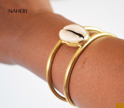 African brass cuff bracelet with cowrie shell handmade jewelry