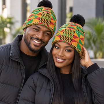 Kente Print Knitted Hat With Pom-Pom Unisex | African Heritage Fashion | Bynelo